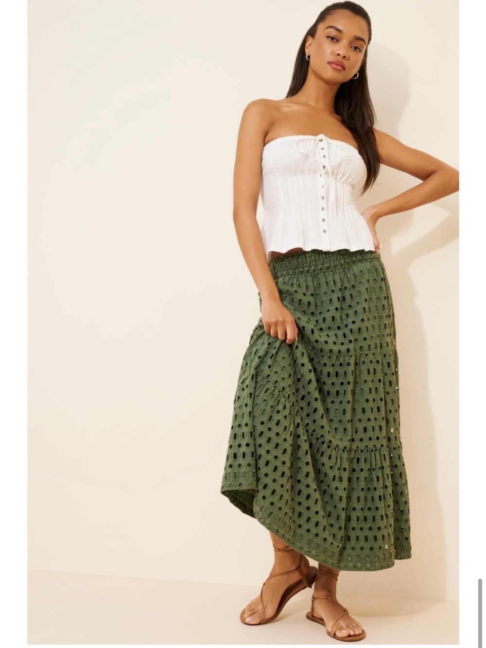 Somerset Olive Eyelet Tiered Maxi Skirt - Anthropologie